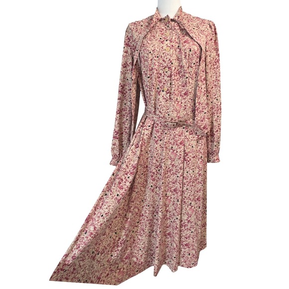 Margaret Selection Paris vintage‎ 80 Floral Print Midi Dress Belted Long Sleeve - Picture 4 of 12